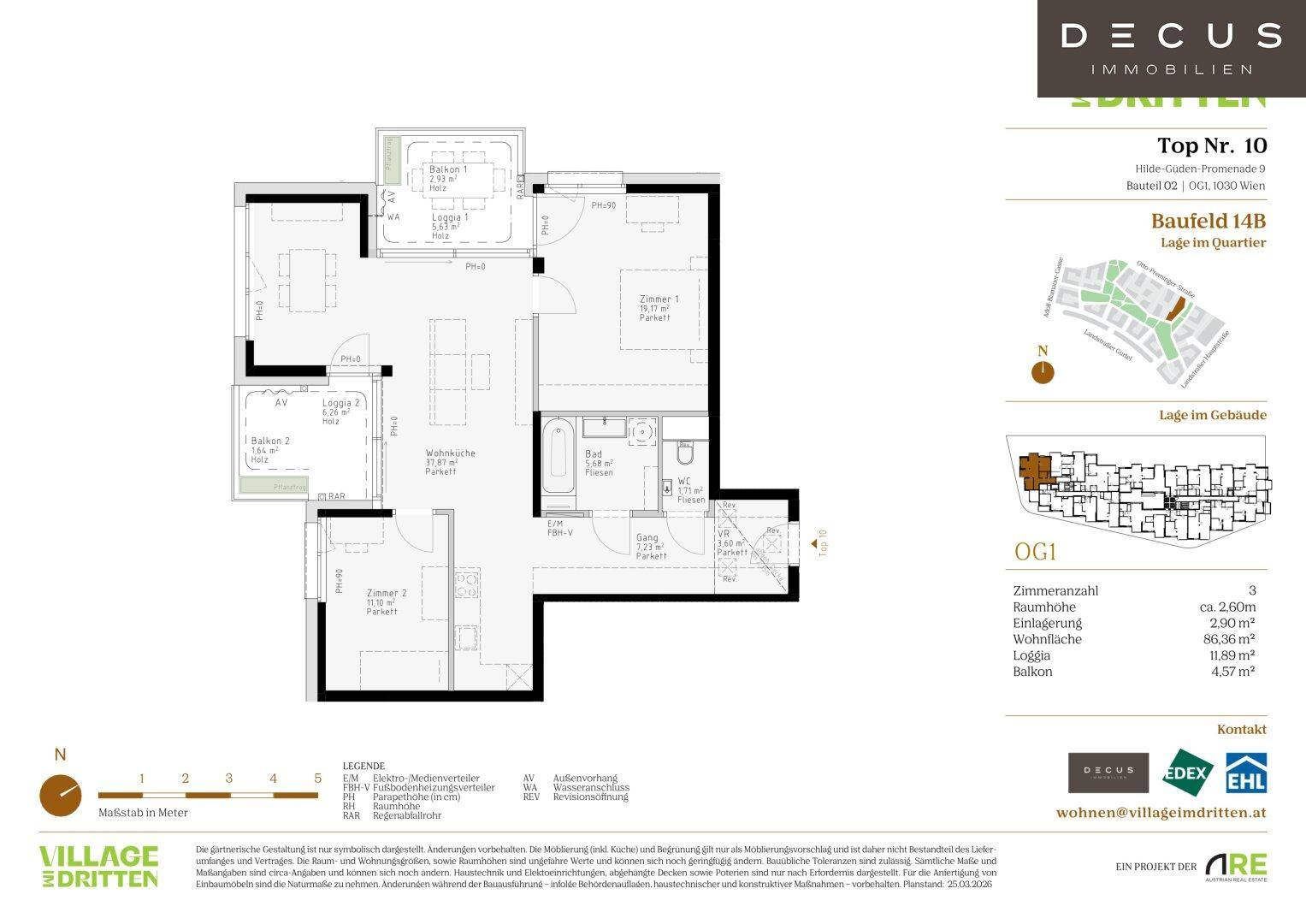 Detaillierter Grundriss einer Wohnung mit drei Zimmern, Loggia und Balkon.