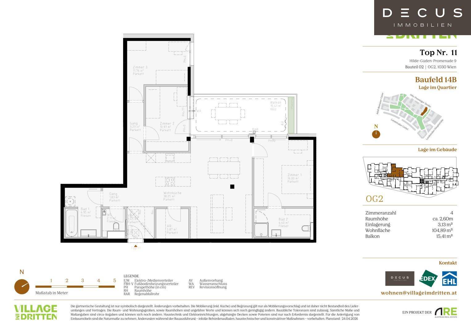 Grundrissplan einer modernen Wohnung mit offenem Wohnbereich, Balkon und mehreren Bädern.