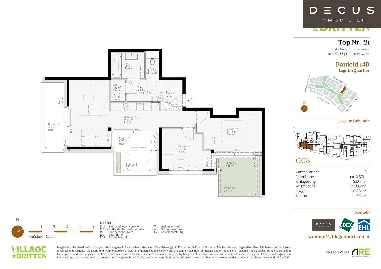 Detaillierter Grundriss einer Wohnung mit drei Zimmern, offener Wohnküche, zwei Bädern, separatem WC, zwei Balkonen und einer Loggia.