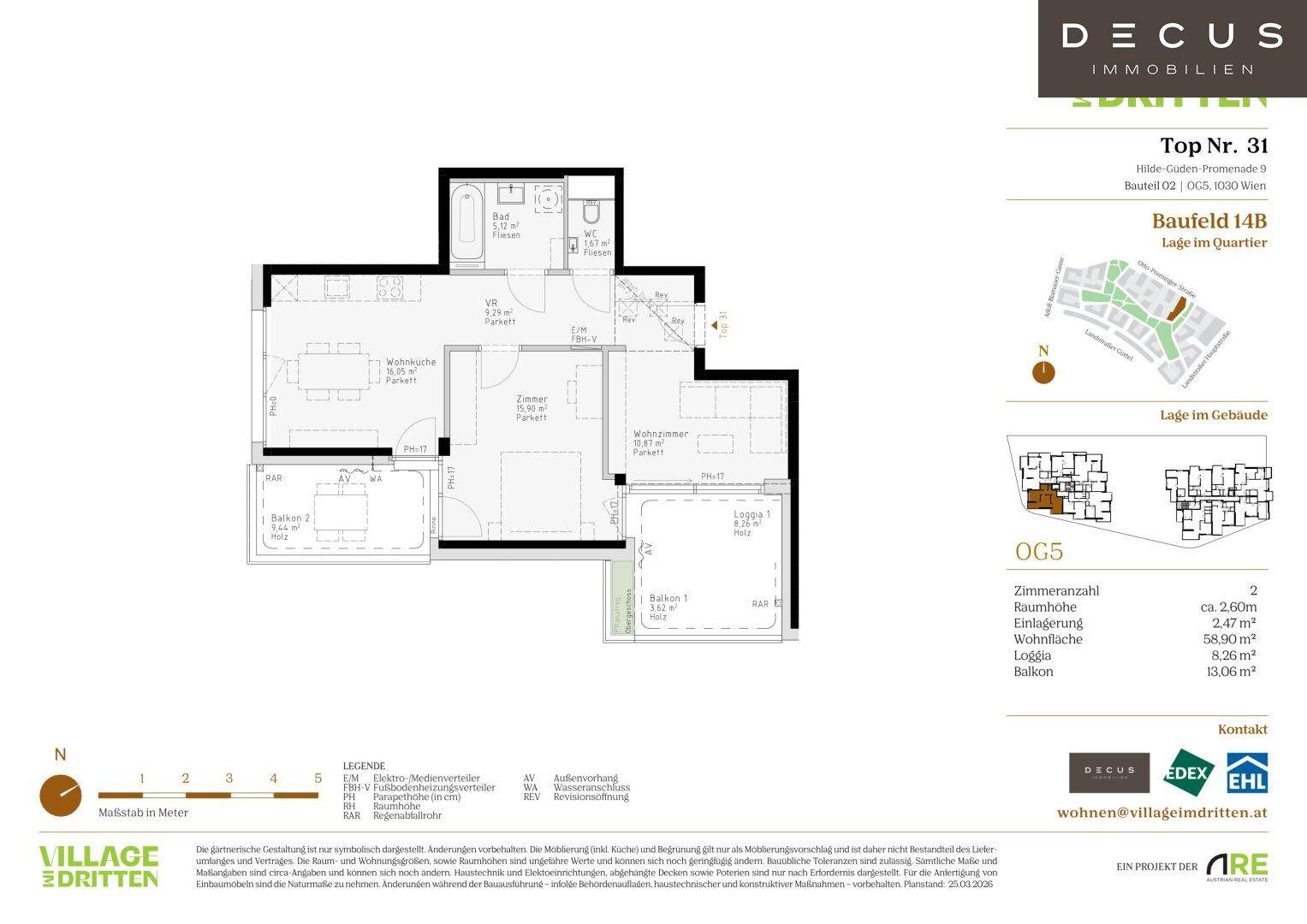 Grundrissplan einer Wohnung mit offener Wohnküche, zwei Balkonen und einer Loggia.