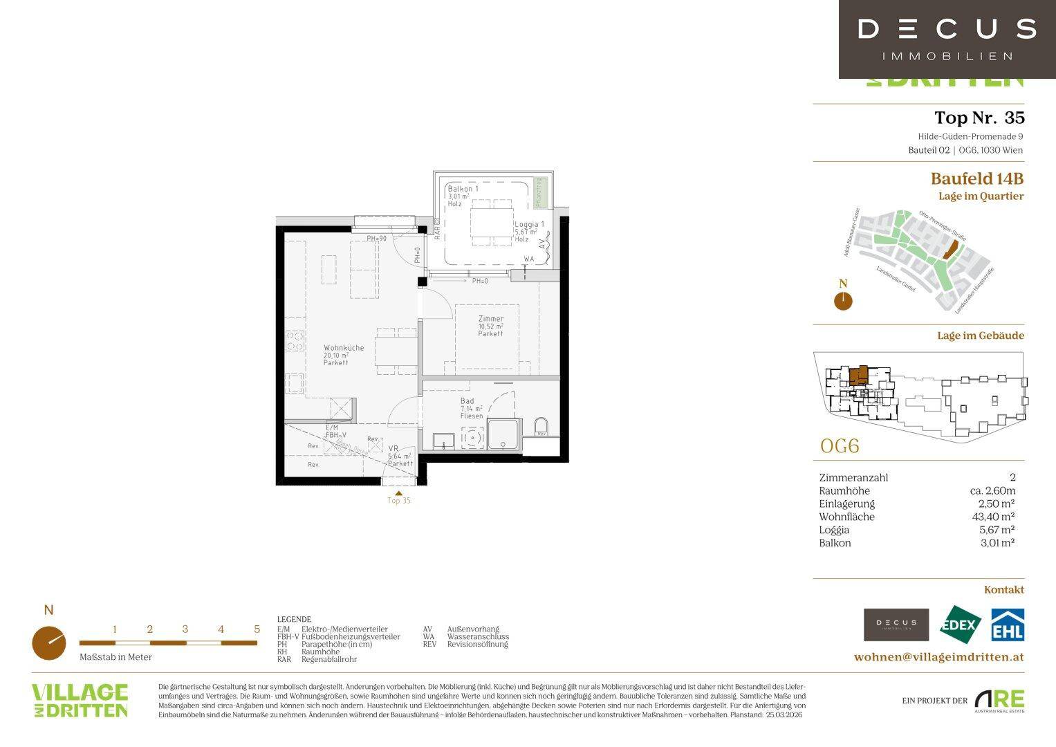 Grundriss einer Wohnung mit zwei Zimmern, Loggia und Balkon.