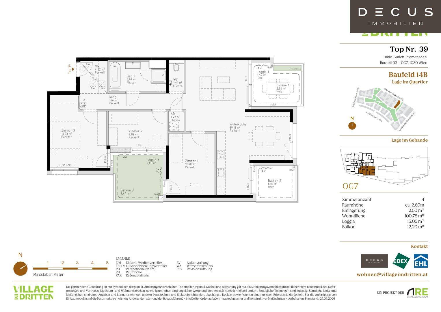 Grundriss einer Wohnung mit drei Zimmern, offener Wohnküche, Bad, separatem WC, zwei Balkonen und einer Loggia.