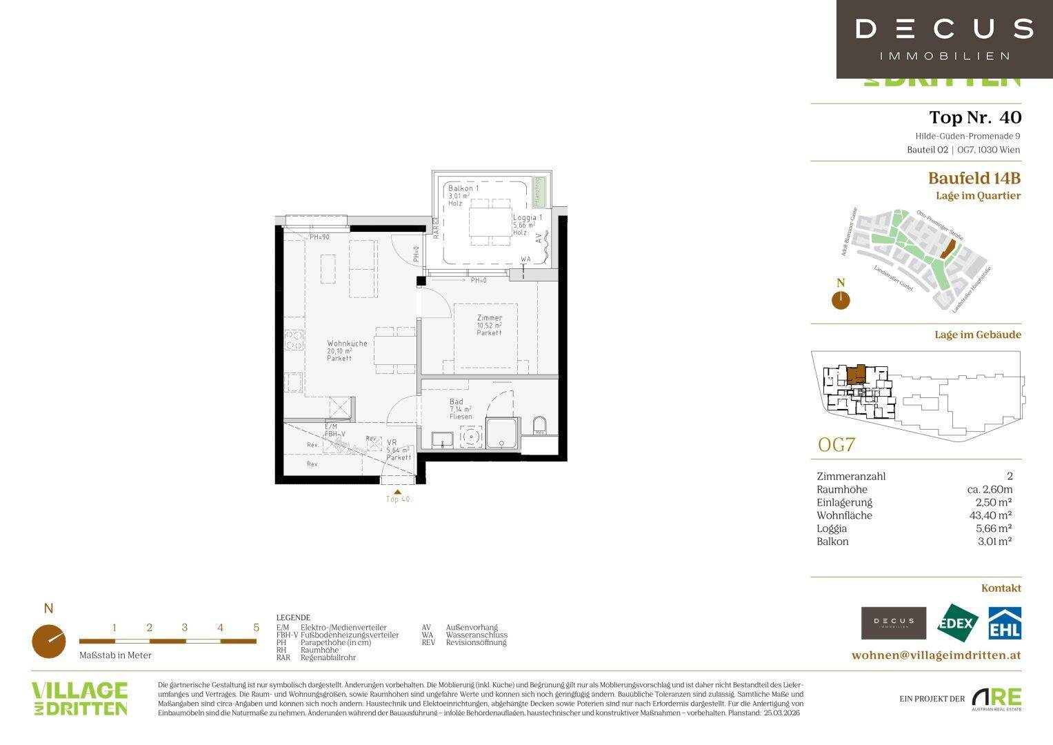 Grundrissplan einer Wohnung im Obergeschoss mit offenem Wohnbereich, Schlafzimmer, Bad, separatem WC, Loggia und Balkon.