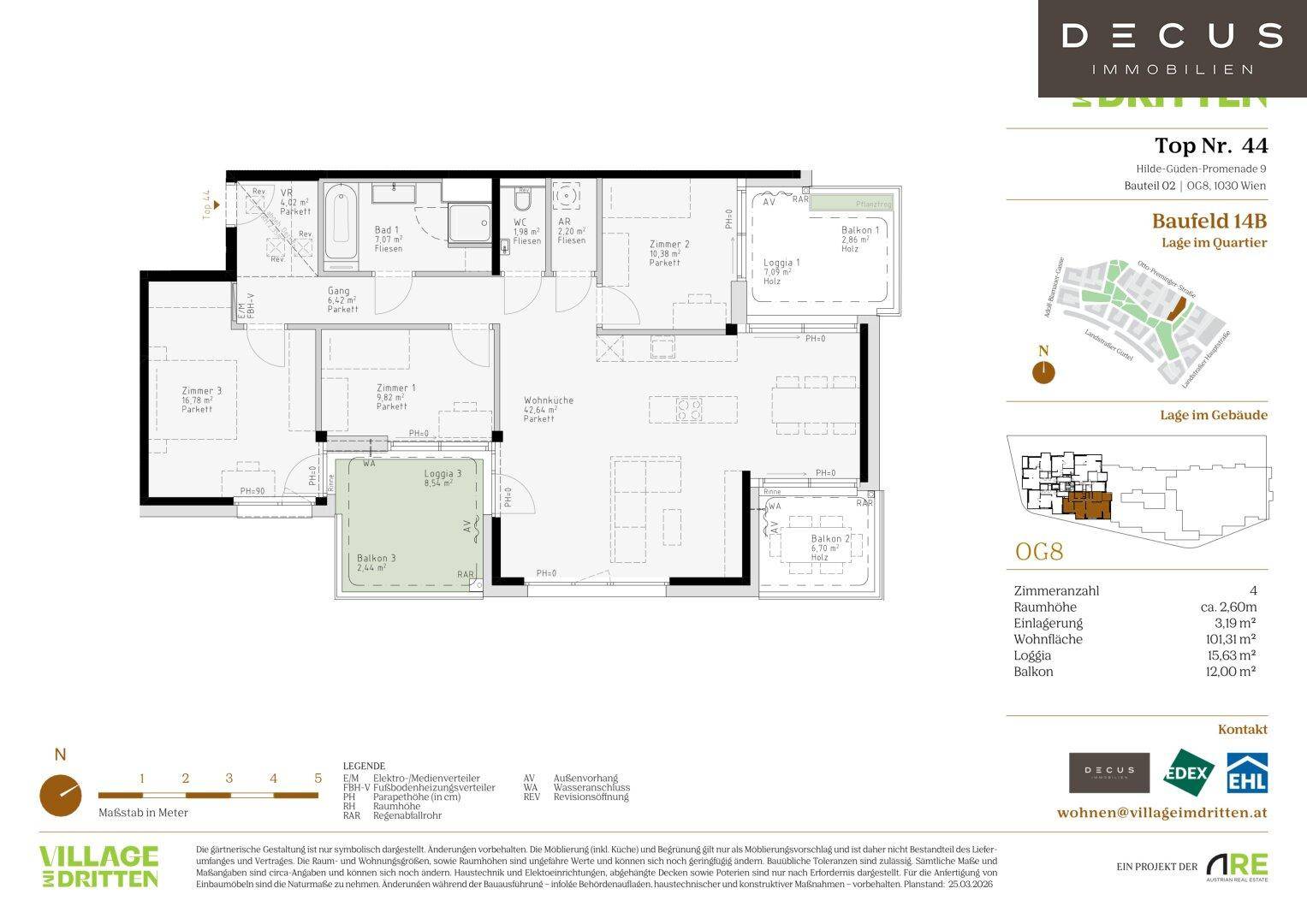 Grundriss einer Wohnung mit drei Zimmern, zwei Bädern, separatem WC und mehreren Balkonen sowie Loggien.