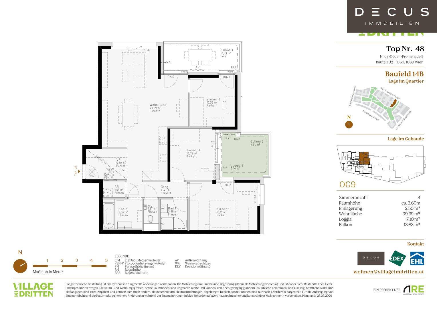 Grundrissplan einer Wohnung mit offenem Wohnbereich, zwei Bädern, separatem WC, Balkon und Loggia.