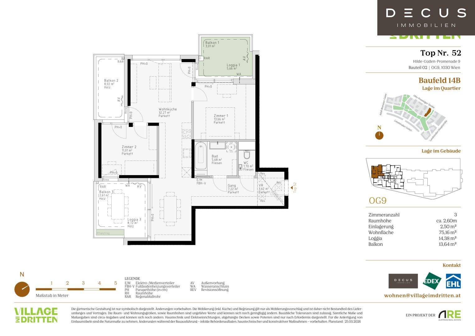 Grundriss einer Wohnung mit offenem Wohnbereich, zwei Schlafzimmern, Bad, separatem WC, Loggia und zwei Balkonen.