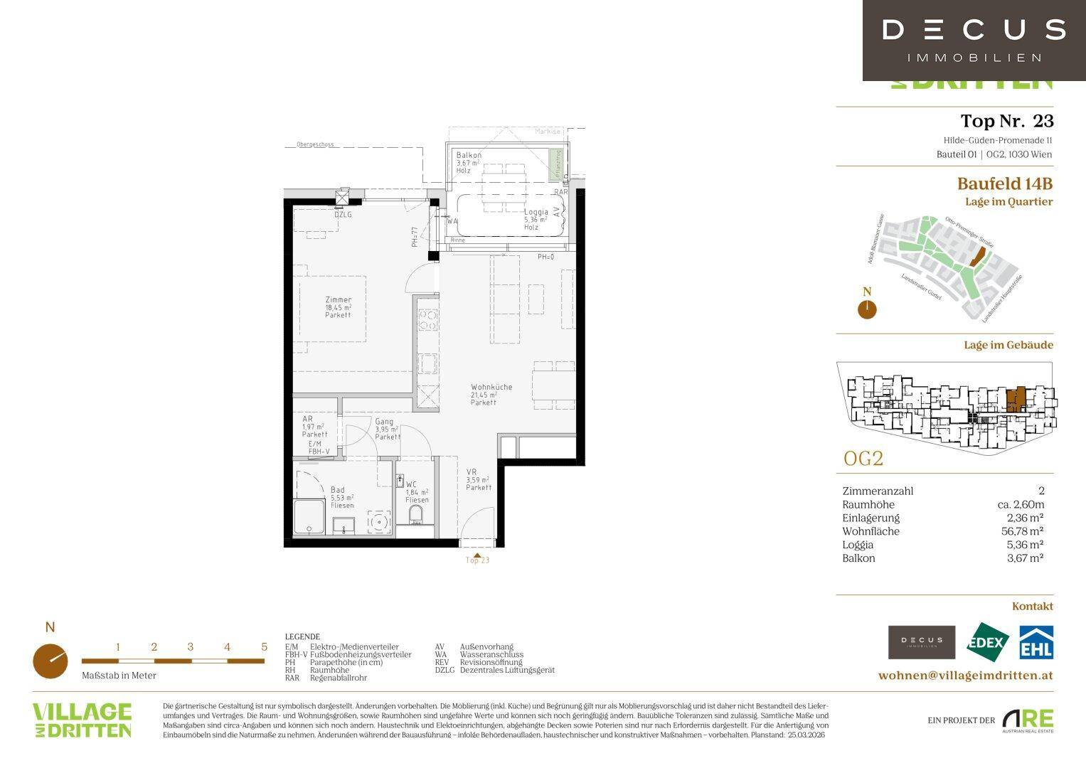 Detaillierter Grundriss einer Wohnung mit offenem Wohnküchenbereich, Schlafzimmer, Bad, separatem WC, Loggia und Balkon.