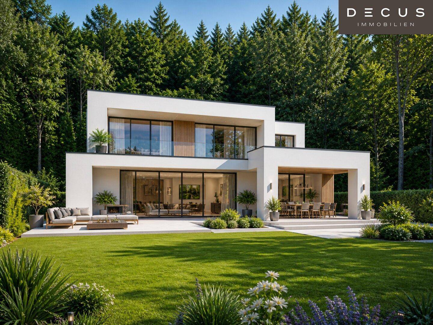Moderne Villa mit großen Glasfronten, weitläufigem Garten und einladender Terrasse umgeben von Natur.
