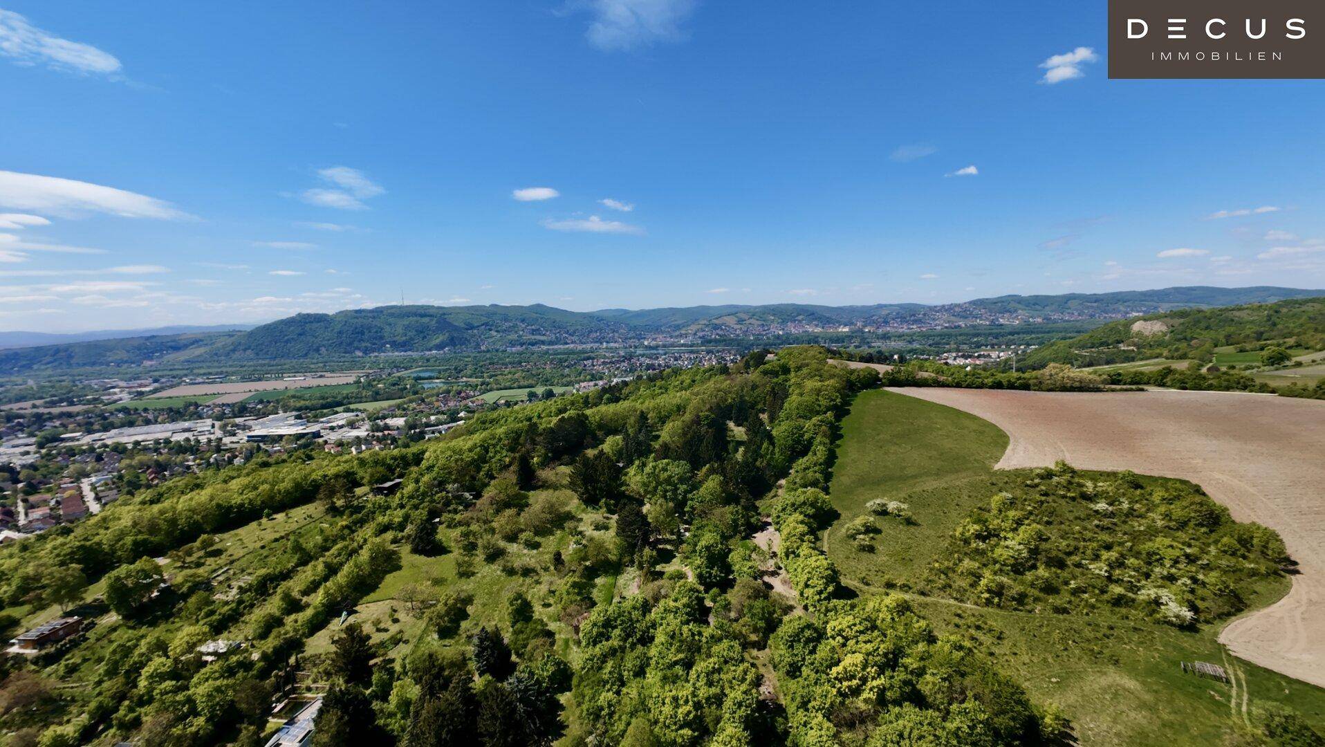 Weitläufige Landschaftsaufnahme mit Feldern, Wäldern und sanften Hügeln unter blauem Himmel.