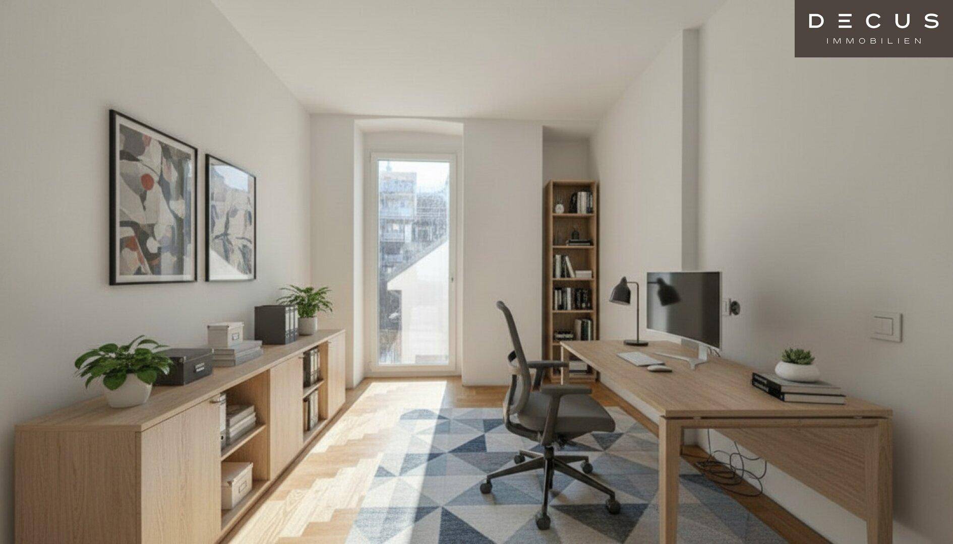Modern eingerichtetes Arbeitszimmer mit Holzmöbeln, Teppich und Zugang zu einem französischen Balkon.