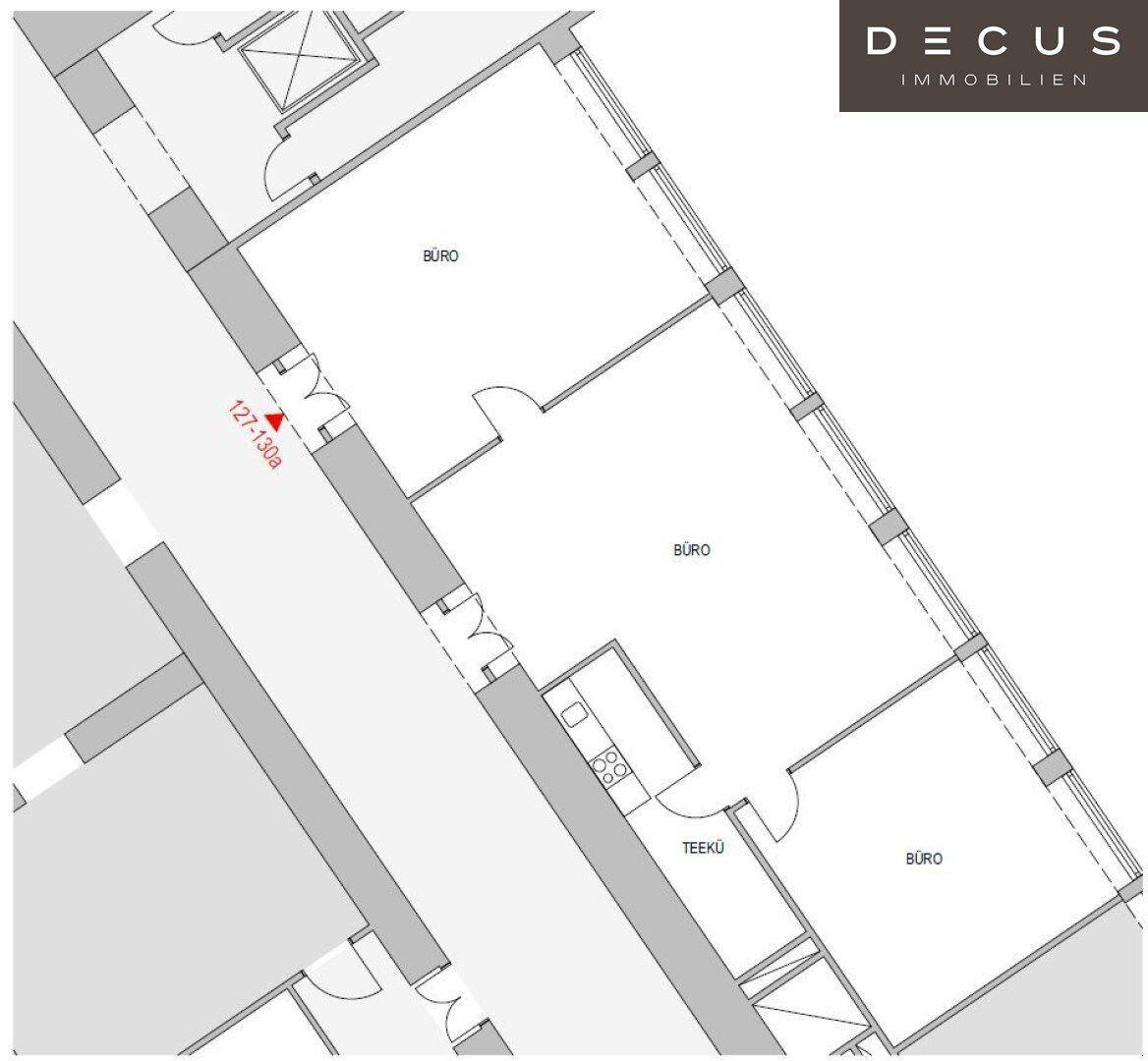 Grundrissplan mit mehreren Büroräumen und einer Teeküche, ideal für gewerbliche Nutzung.