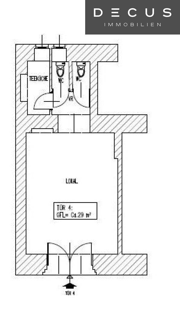 Grundriss eines Lokals mit Teeküche und zwei Toilettenbereichen.