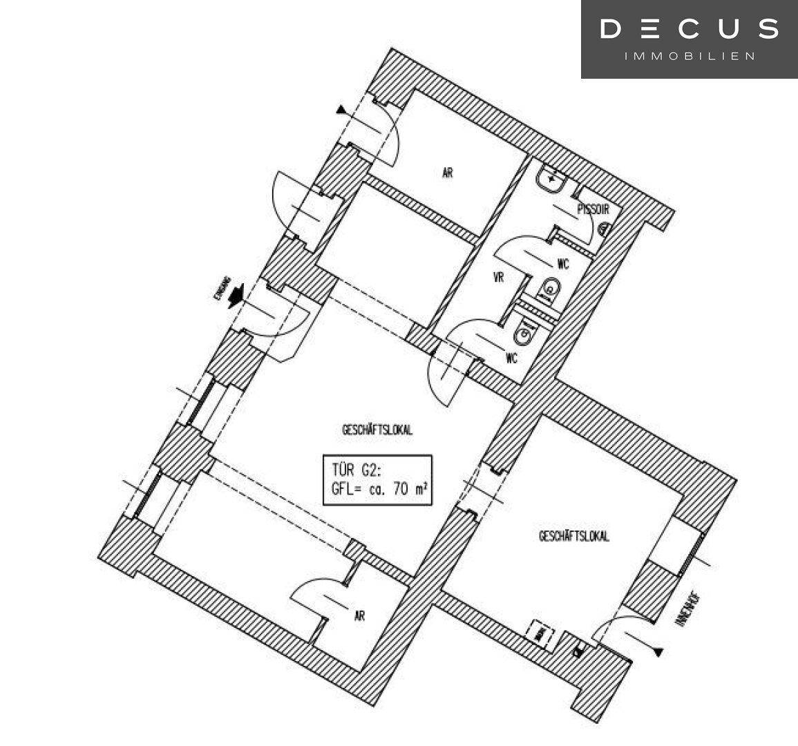 Grundriss eines Geschäftslokals mit ca. 70 m² Nutzfläche, inklusive Toiletten und Abstellräumen.