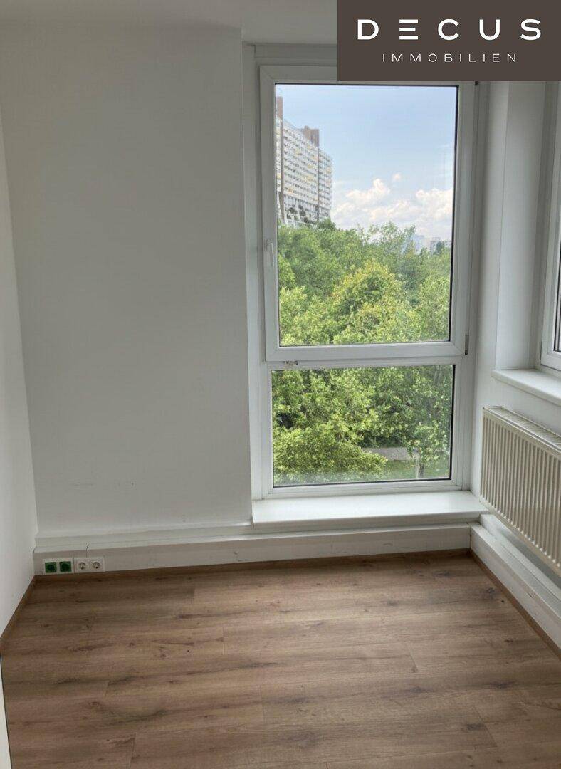 Leerer Raum mit hellem Laminatboden und einem großen Fenster, das viel Tageslicht hereinlässt und eine grüne Aussicht bietet.