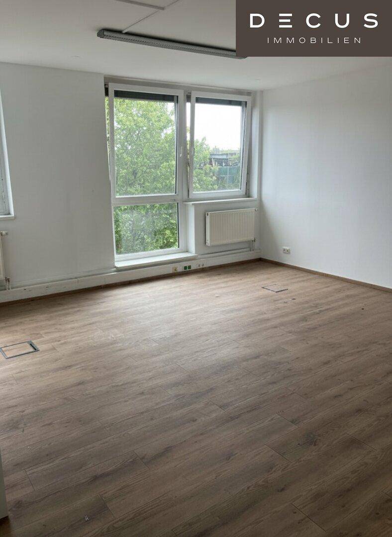 Großer, heller Raum mit Laminatboden und breiten Fenstern, die eine gute Belichtung und eine grüne Aussicht bieten.