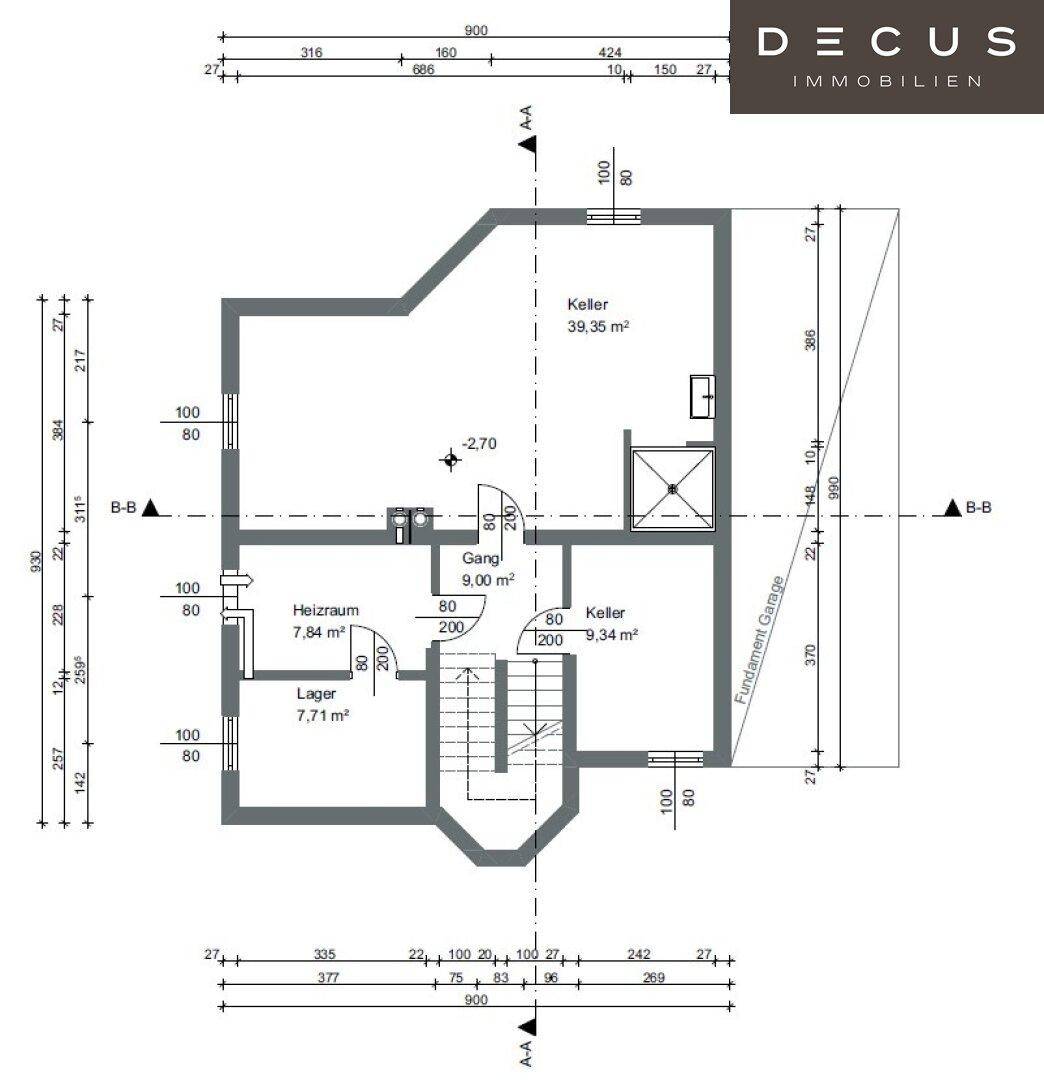 Grundriss des Kellergeschosses mit Heizraum, Lager und zwei Kellerräumen.