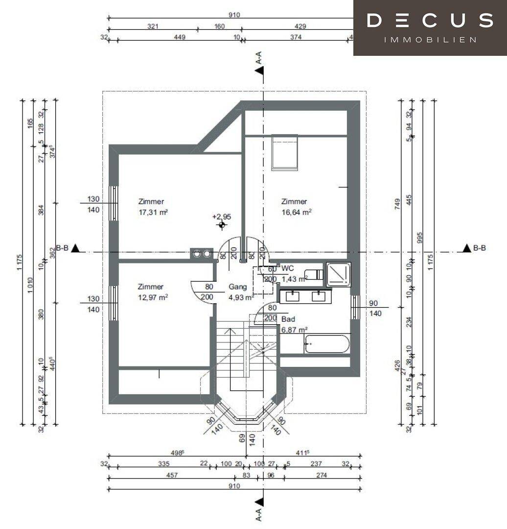 Grundriss des Obergeschosses mit drei Zimmern, Bad und separatem WC.