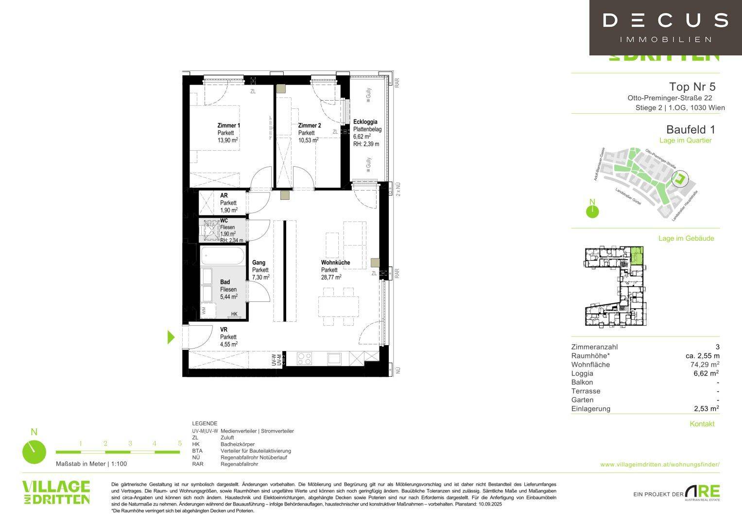 Detaillierter Grundriss einer Wohnung mit zwei Zimmern, Loggia und separatem WC.