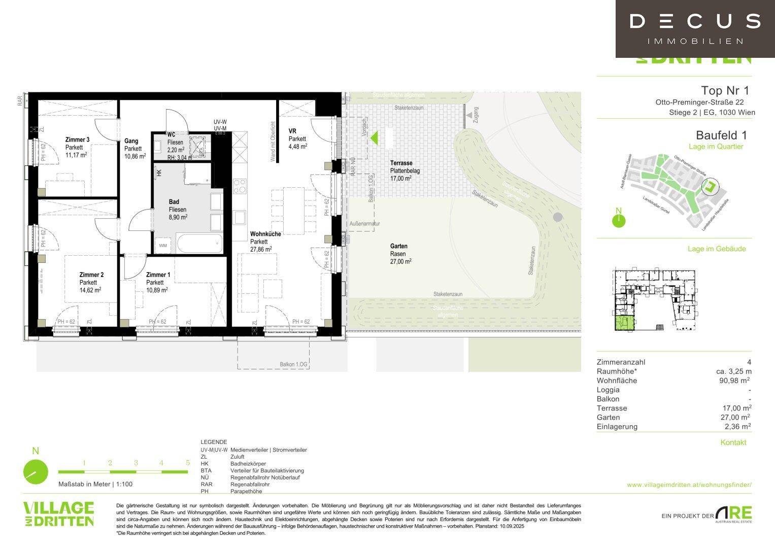Grundriss einer Wohnung mit drei Zimmern, offenem Wohnbereich, Terrasse und Garten.