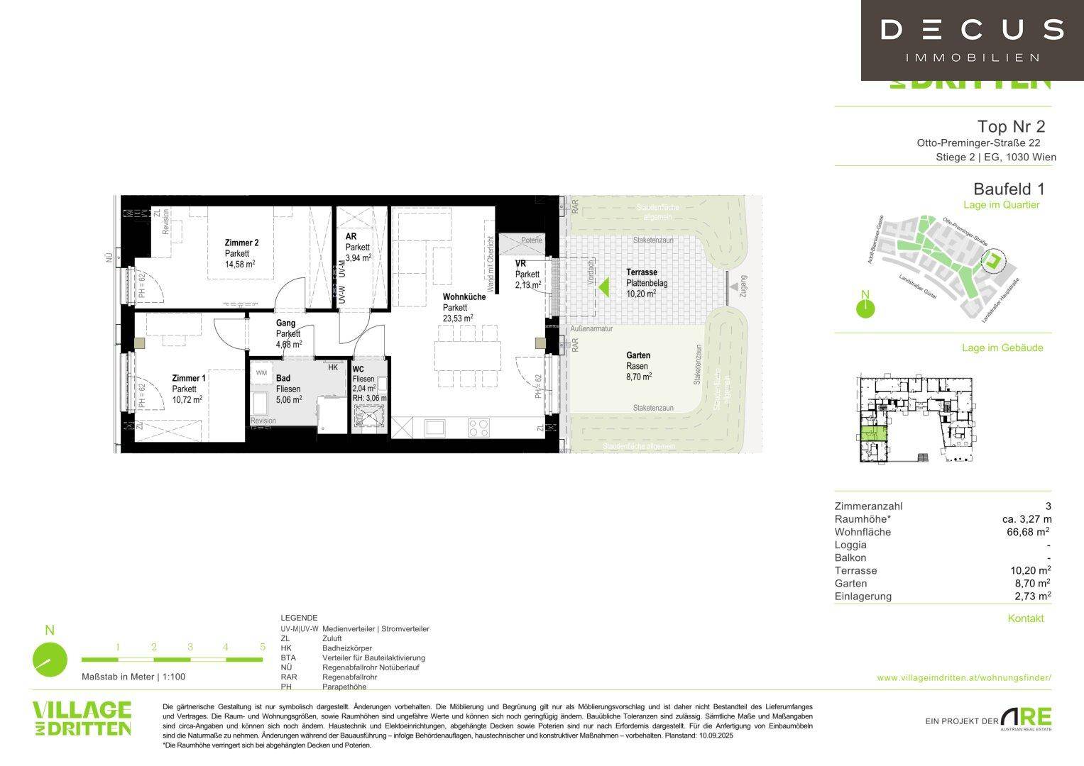 Detaillierter Grundriss einer Wohnung mit Wohnküche, Schlafzimmern, Terrasse und Garten.