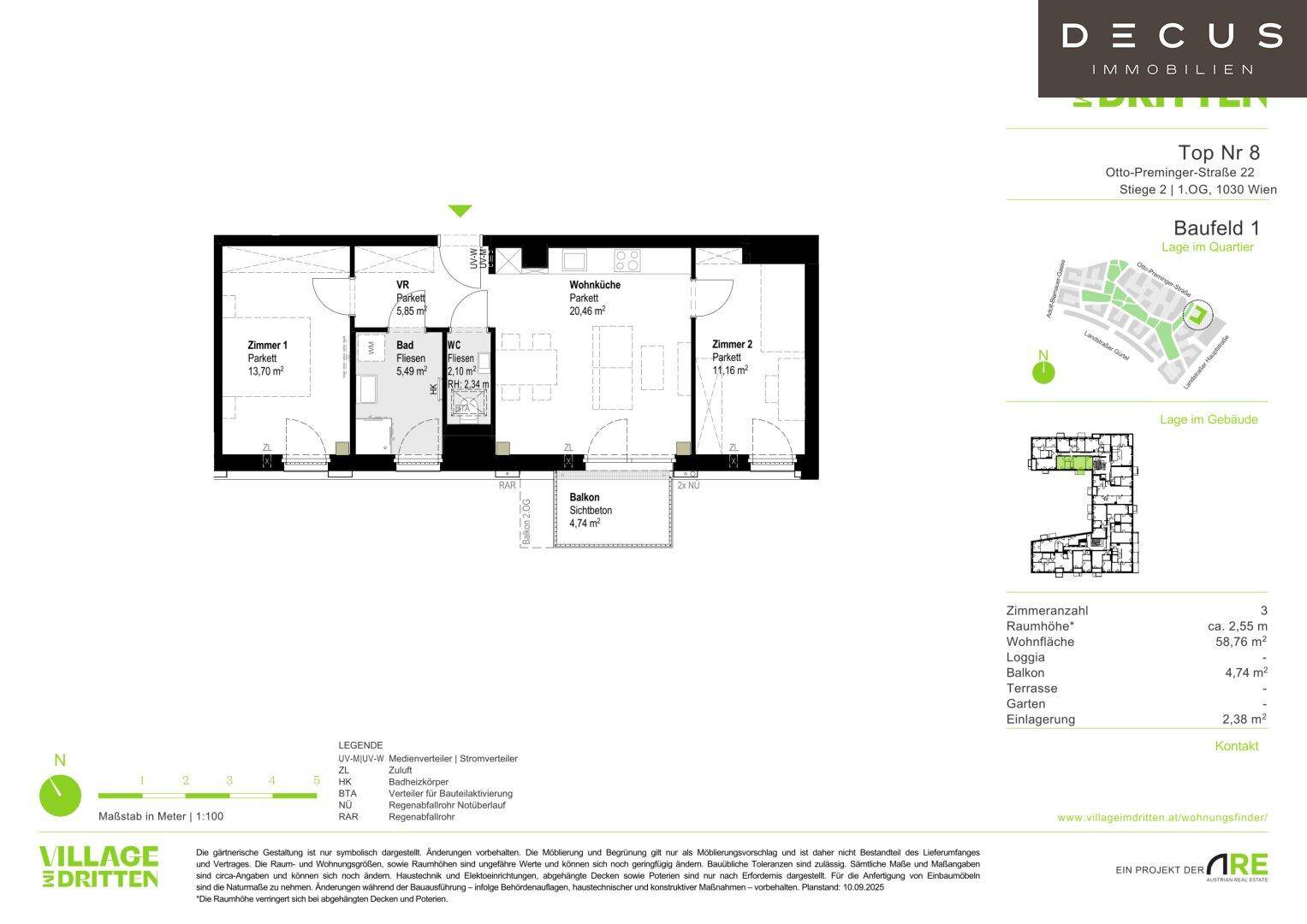 Grundriss einer Wohnung mit zwei Schlafzimmern, offenem Wohnbereich und Balkon.