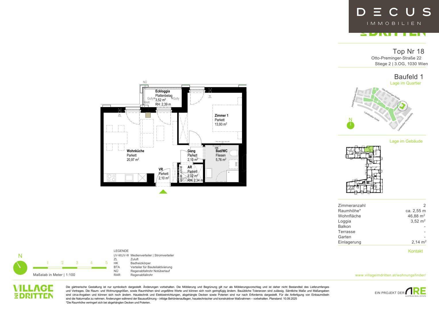 Grundriss einer Wohnung mit offener Wohnküche, Schlafzimmer, Bad und einer Eckloggia.