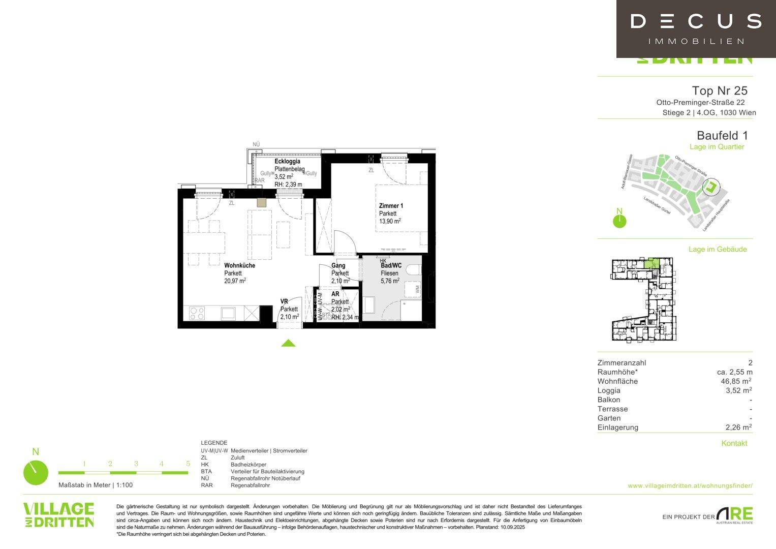 Grundriss einer Wohnung mit Wohnbereich, Schlafzimmer, Bad und einer Ecologgia.