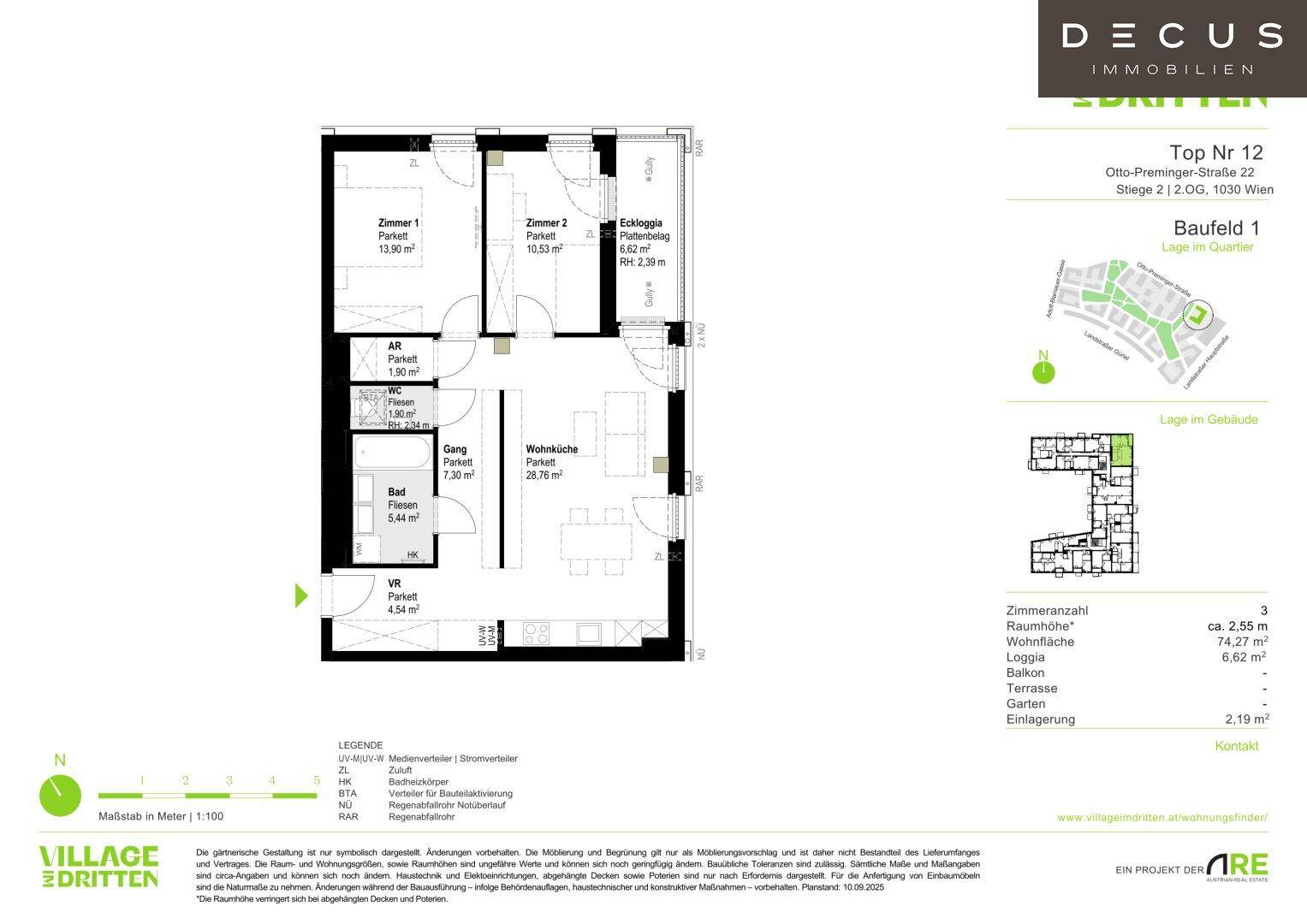 Detaillierter Grundriss einer Wohnung mit zwei Zimmern, Loggia und separatem WC.