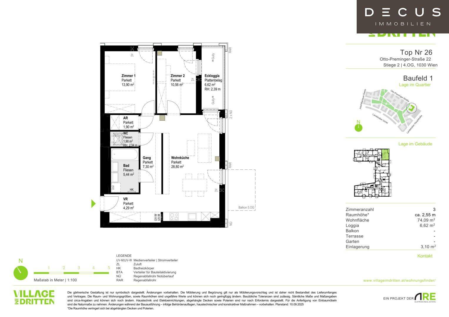 Detaillierter Grundriss einer Wohnung mit zwei Schlafzimmern, Wohnküche und Eckloggia.