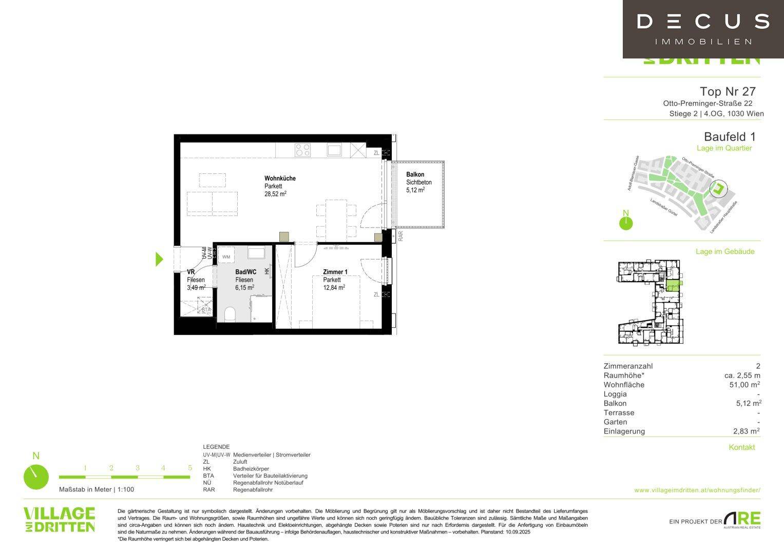 Grundriss einer Wohnung mit Wohnküche, einem Schlafzimmer und Balkon, Gesamtfläche 51m².