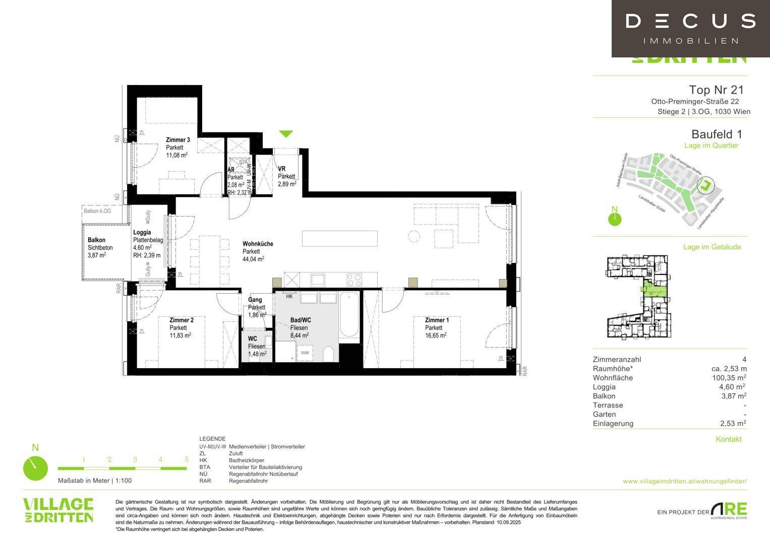Detaillierter Grundriss einer Wohnung mit drei Zimmern, offener Wohnküche und einer Loggia.