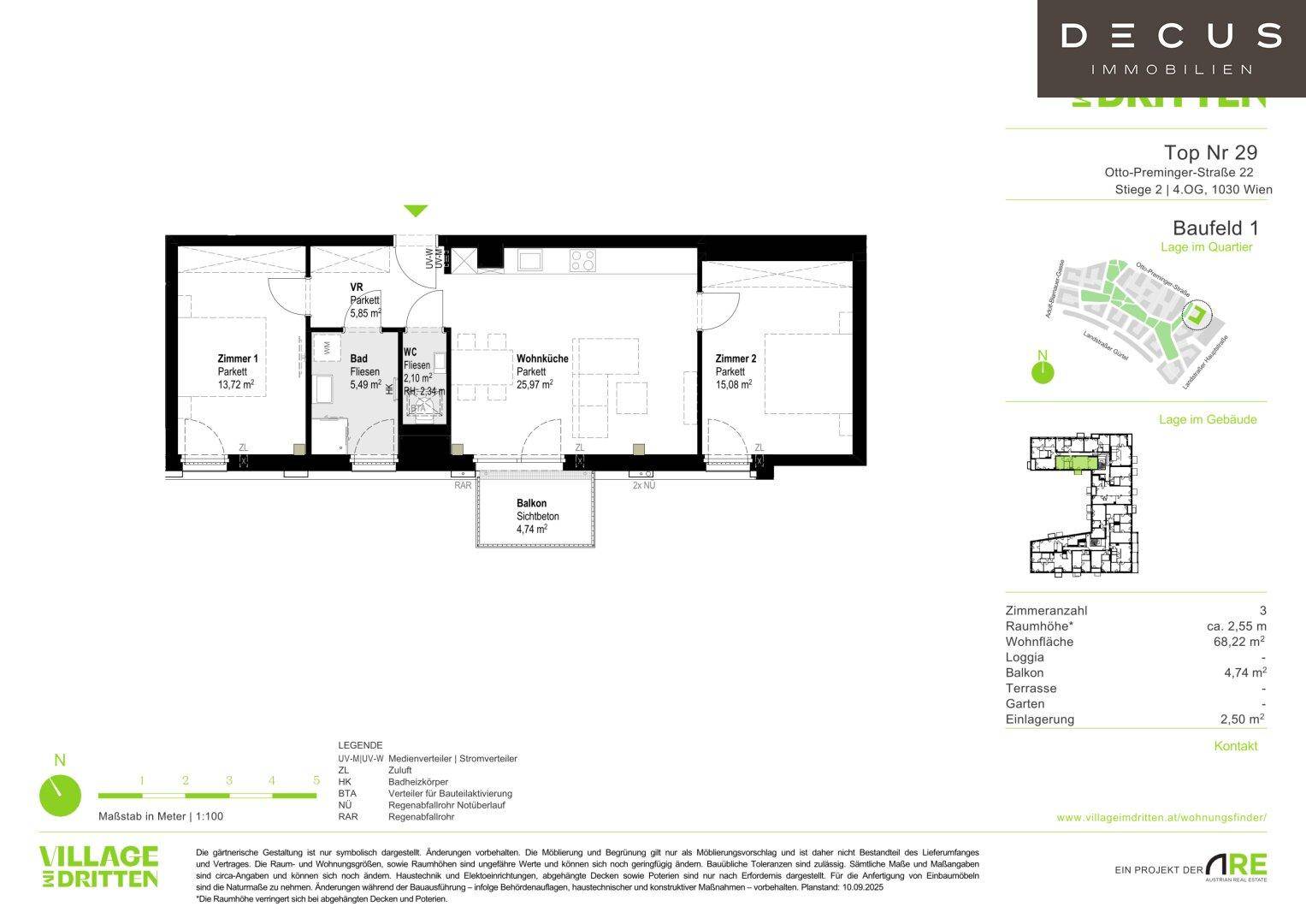 Grundriss einer Wohnung mit zwei Schlafzimmern, offener Wohnküche und Balkon.