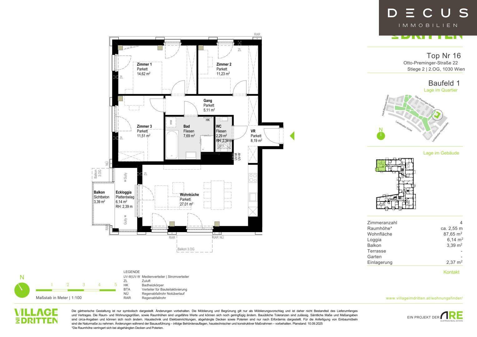 Detaillierter Grundriss einer Wohnung mit drei Zimmern, Balkon und Eckloggia.