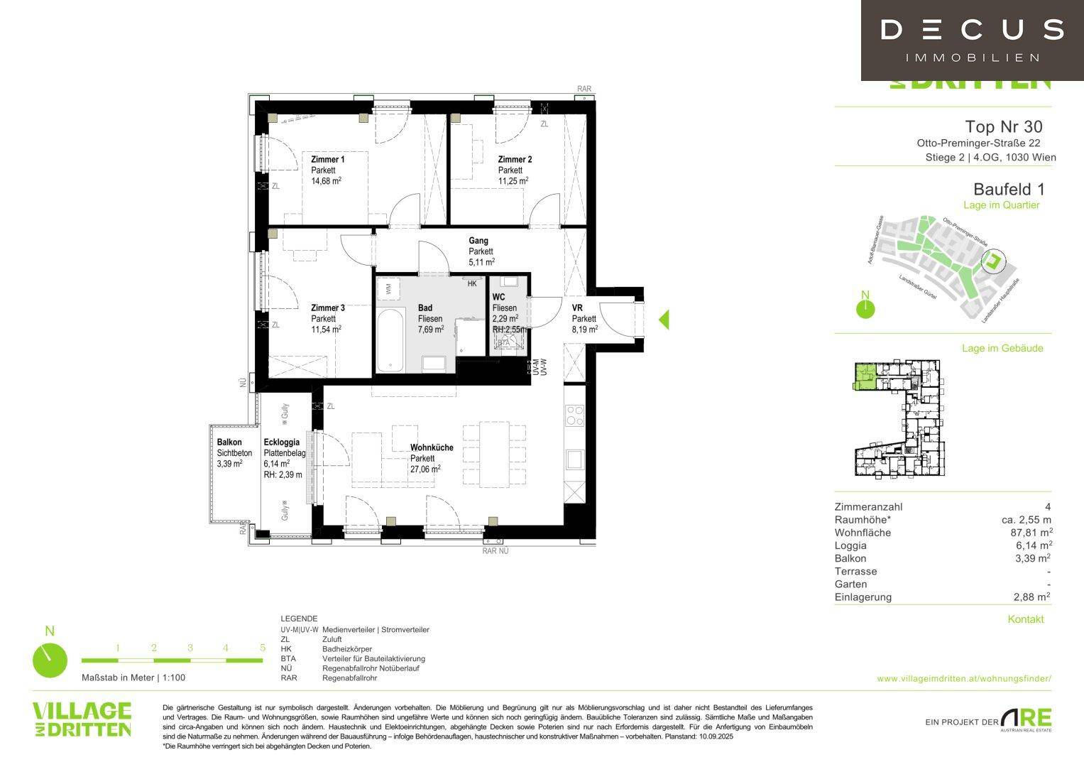 Grundriss einer Wohnung mit drei Zimmern, offenem Wohnbereich, Loggia und Balkon.