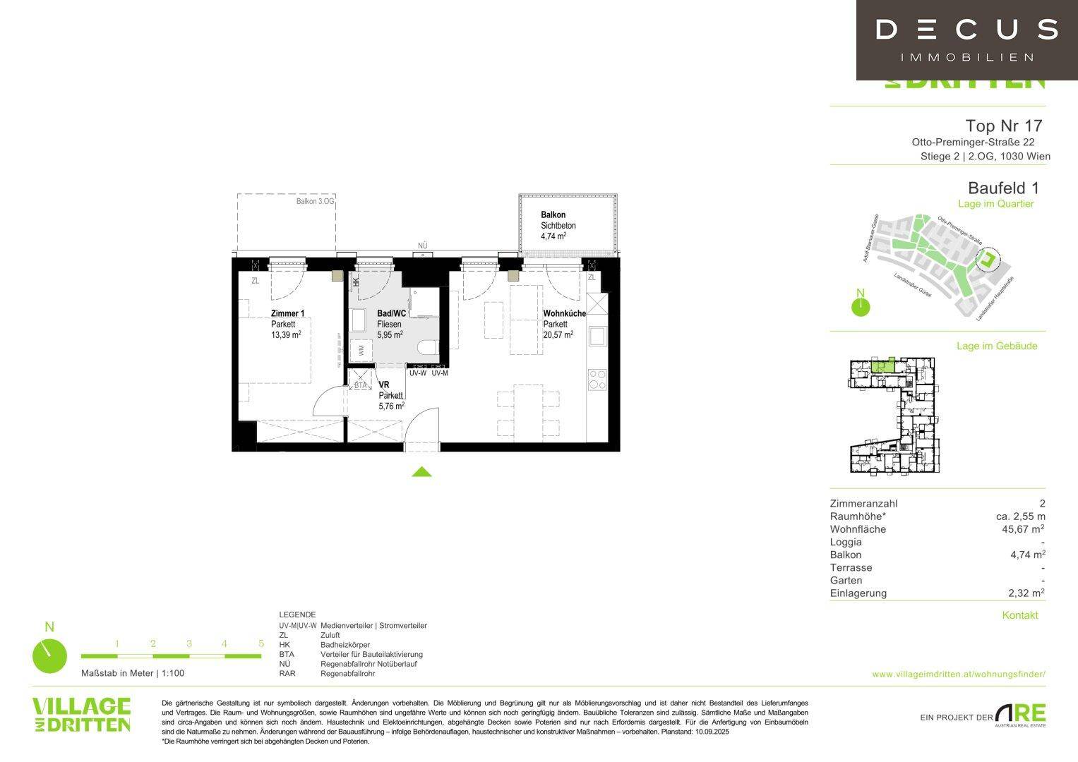 Detaillierter Grundriss der Wohnung Top Nr. 17 mit Wohnküche, Bad, Schlafzimmer und Balkon.