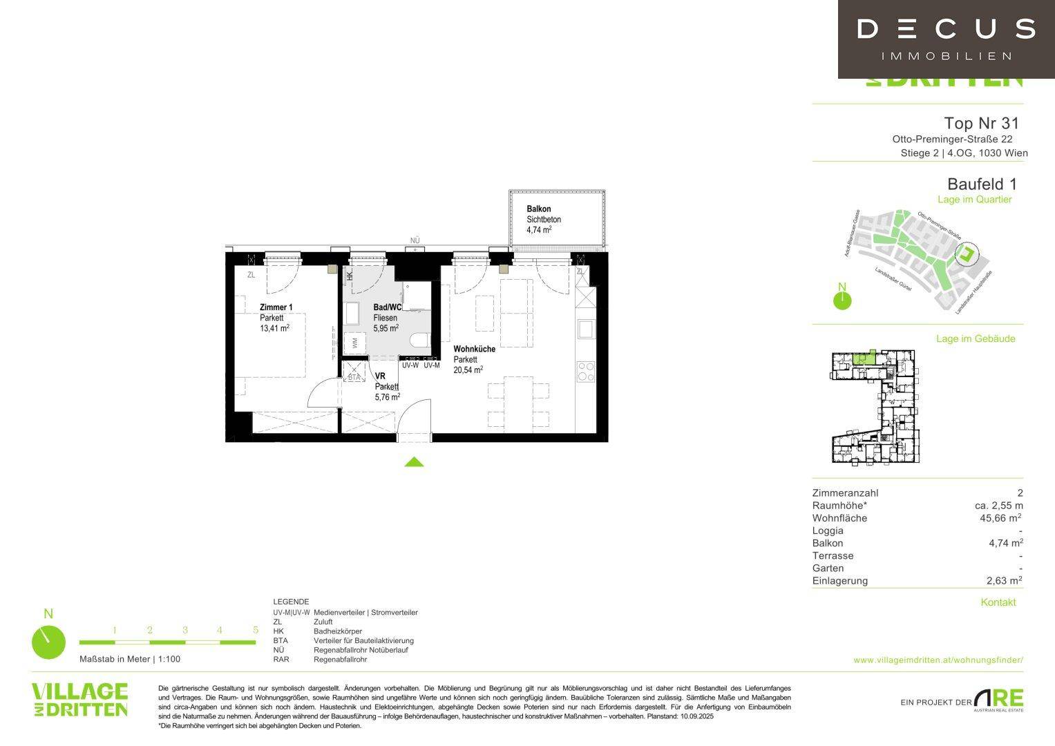Grundriss der Wohnung Top Nr. 31 mit einem Schlafzimmer, Wohnküche und Balkon.