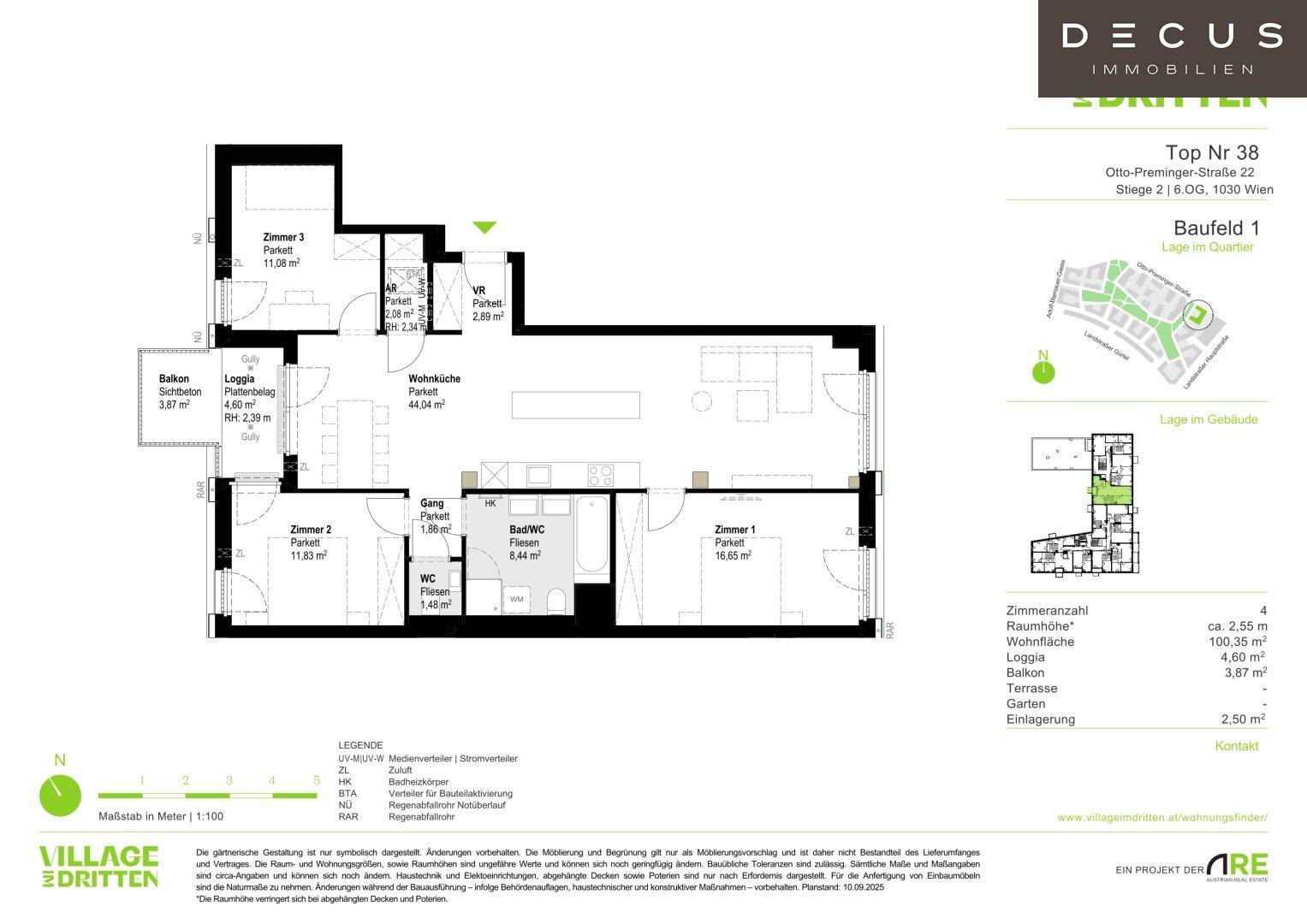 Detaillierter Grundriss einer Wohnung mit drei Zimmern, offenem Wohnbereich und Balkon.