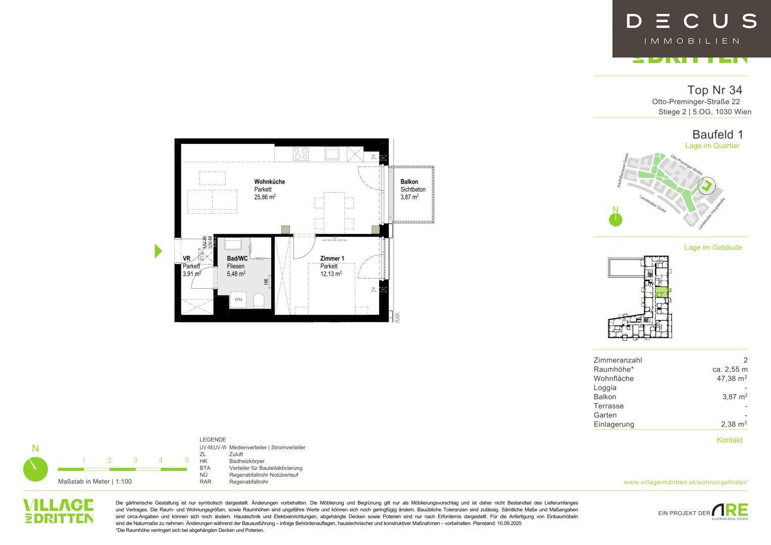 Grundriss einer Wohnung mit Wohnküche, einem Schlafzimmer, Bad und Balkon, inklusive Flächenangaben.
