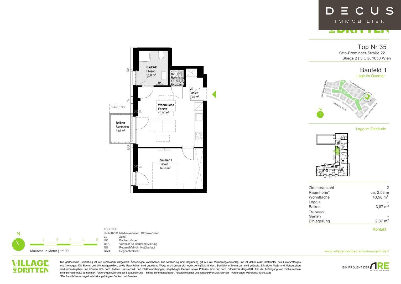 Grundriss der Wohnung Top Nr. 35 mit Wohnküche, Schlafzimmer, Bad und Balkon.