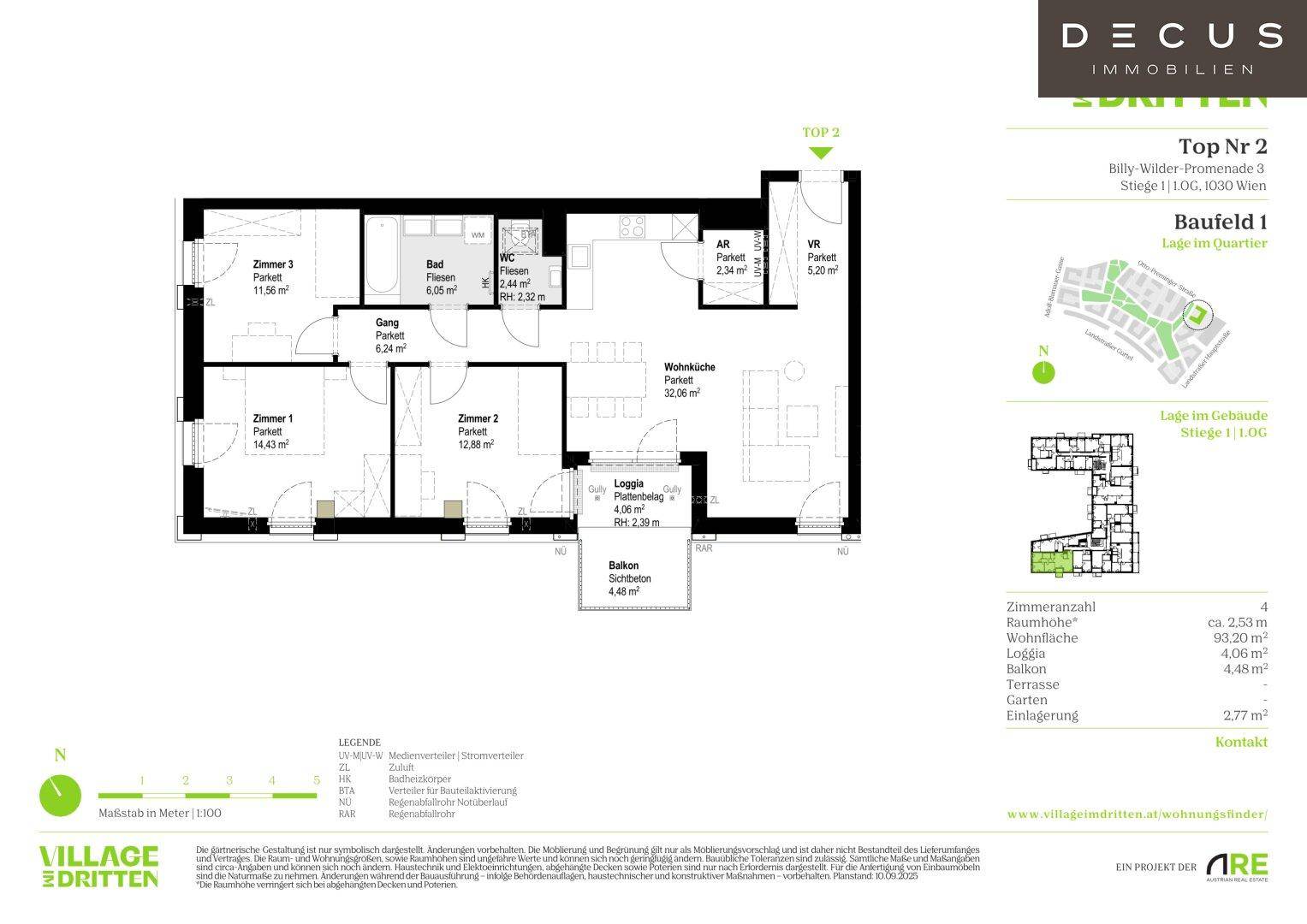 Grundriss einer Wohnung mit drei Zimmern, Loggia und Balkon, inklusive Maßangaben und Legende.