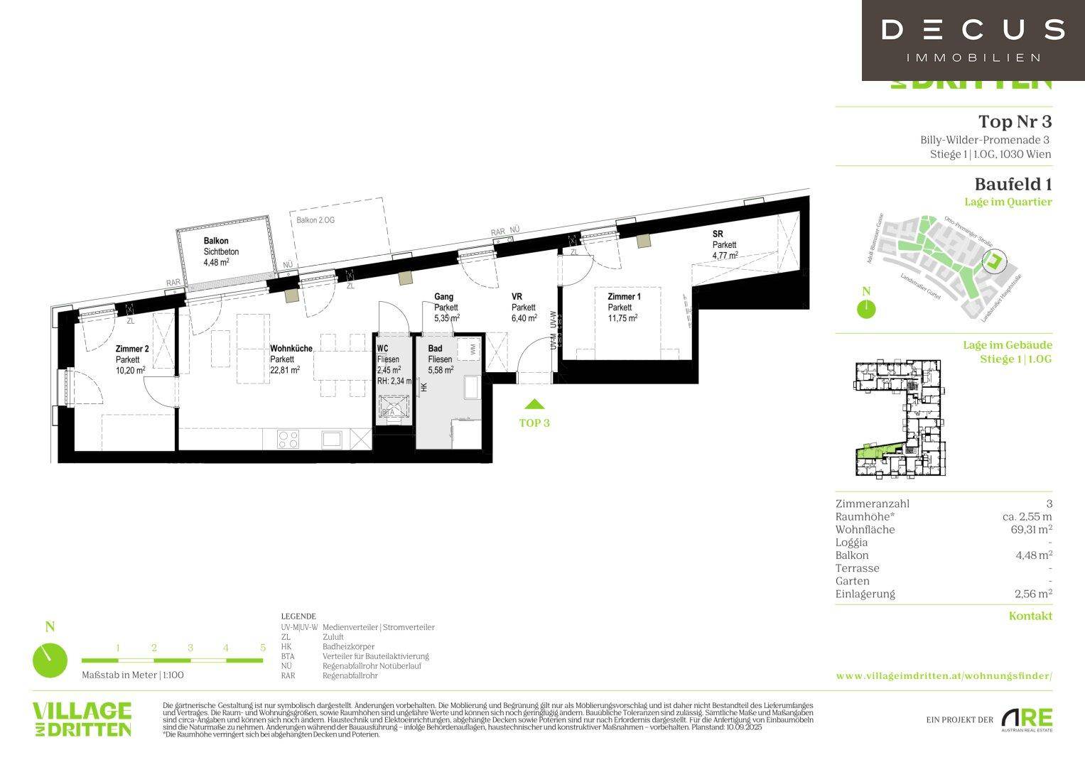 Detaillierter Grundriss der Wohnung mit Raumaufteilung und Flächenangaben.