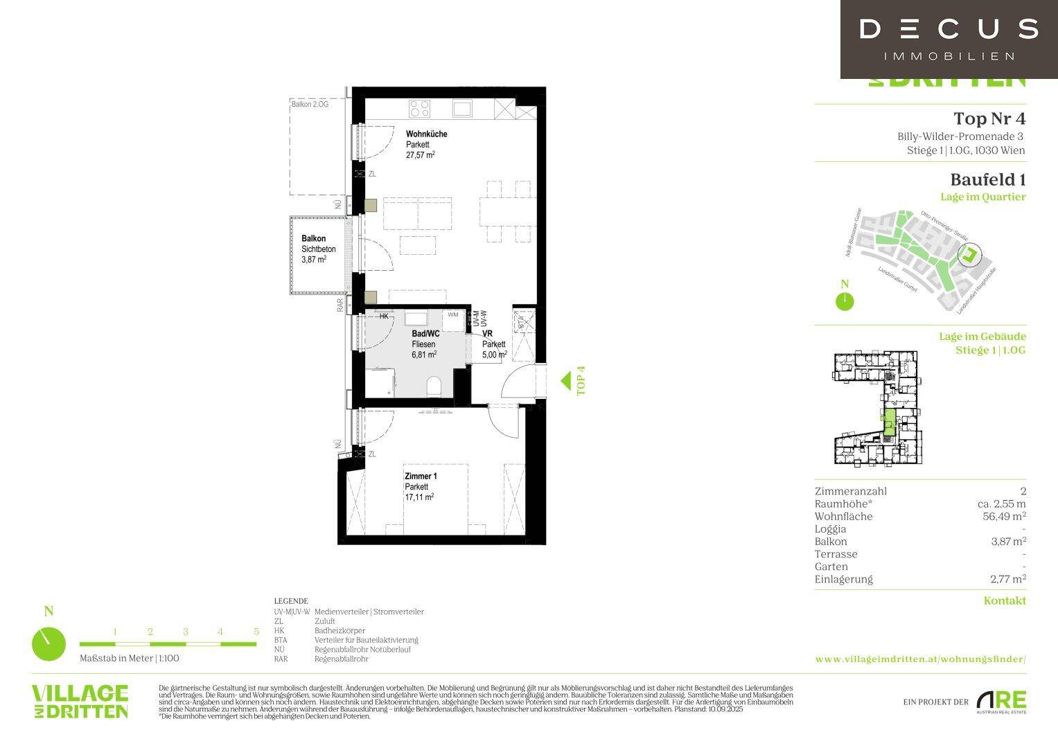 Detaillierter Grundriss einer Wohnung mit offenem Wohnbereich, einem Schlafzimmer und Balkon.