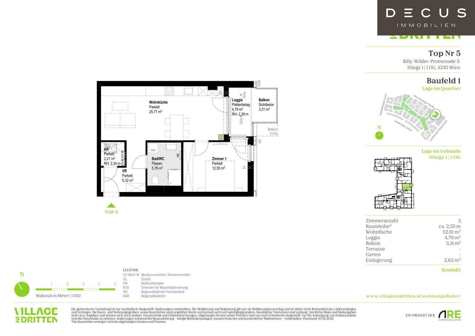 Grundriss einer Wohnung mit offener Wohnküche, einem Schlafzimmer, Bad und Loggia.