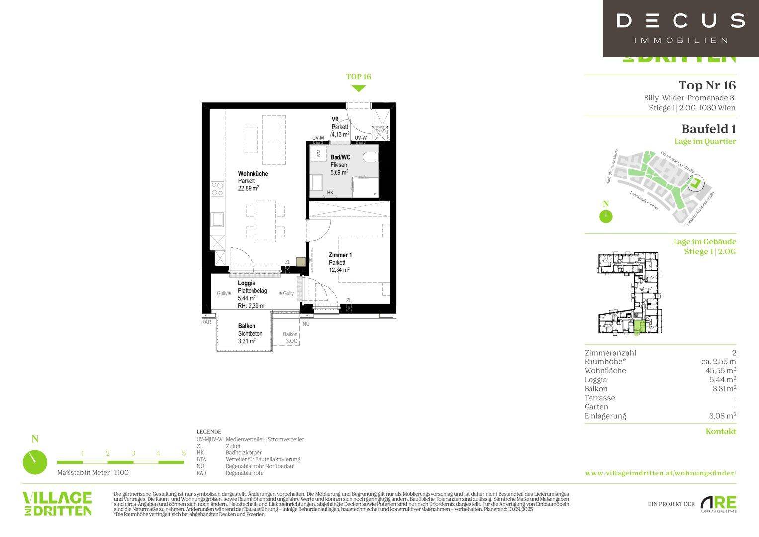 Grundriss der Wohnung Top Nr. 16 mit offenem Wohnbereich, Schlafzimmer, Loggia und Balkon.