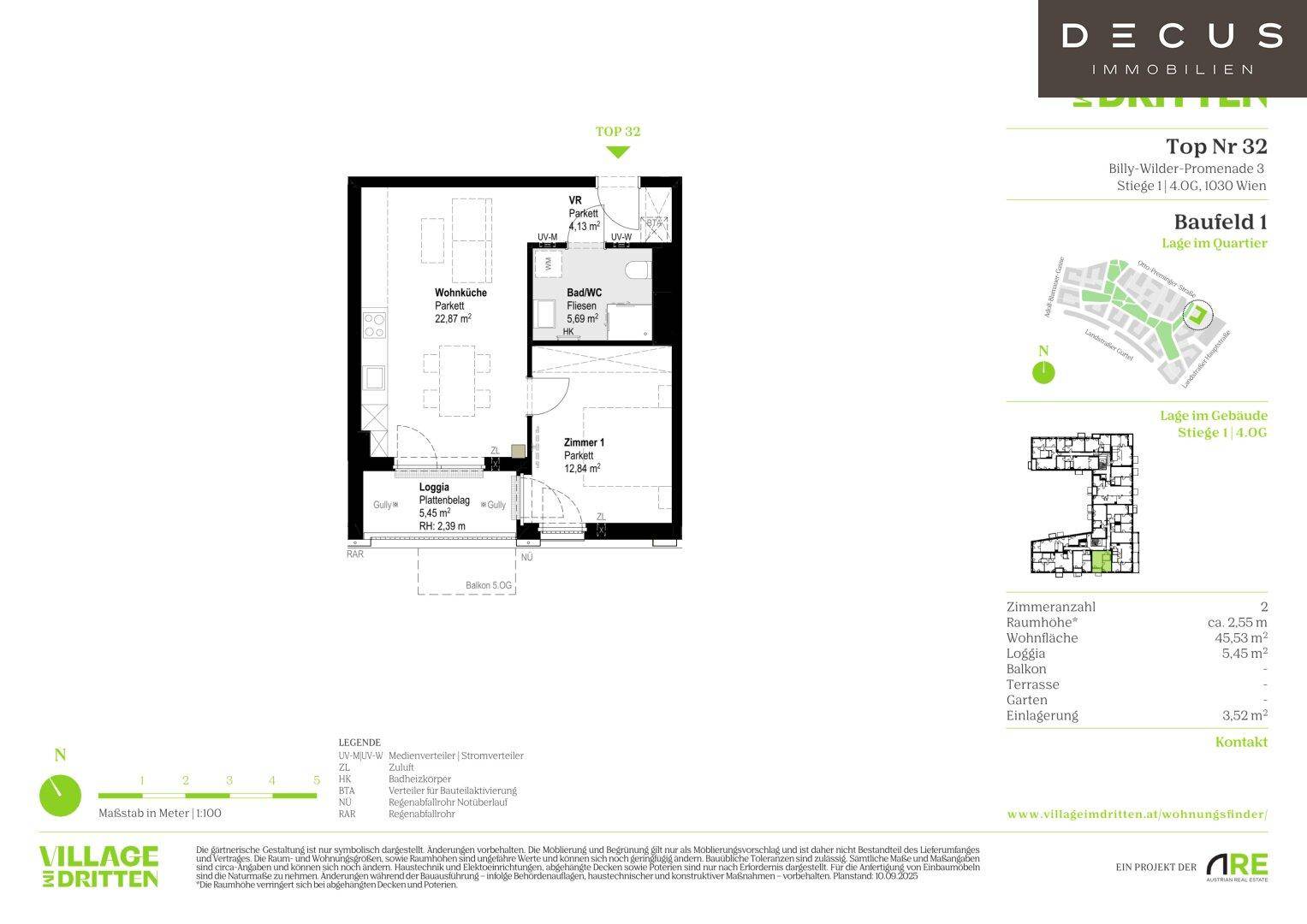 Detaillierter Grundriss einer Wohnung mit Wohnbereich, Schlafzimmer, Bad und Loggia.