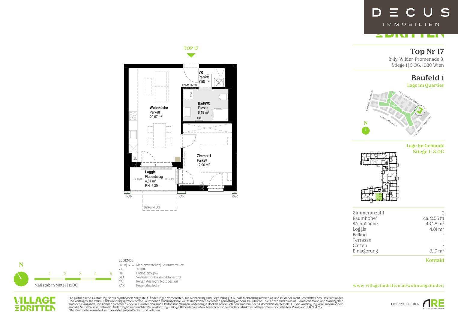 Detaillierter Grundriss einer Wohnung mit Wohnküche, Schlafzimmer und Loggia.