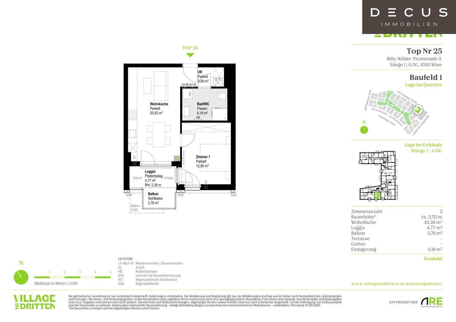 Grundriss der Wohnung Top 25 mit Wohnküche, Zimmer, Loggia und Balkon.
