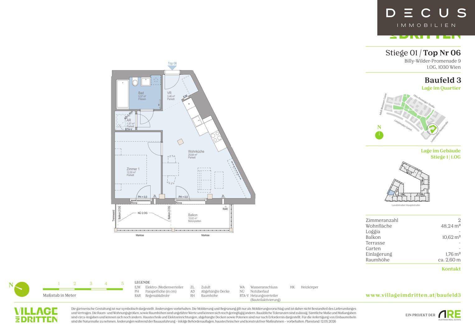 Grundriss einer Wohnung mit Schlafzimmer, Bad, offenem Wohnbereich und Loggia.