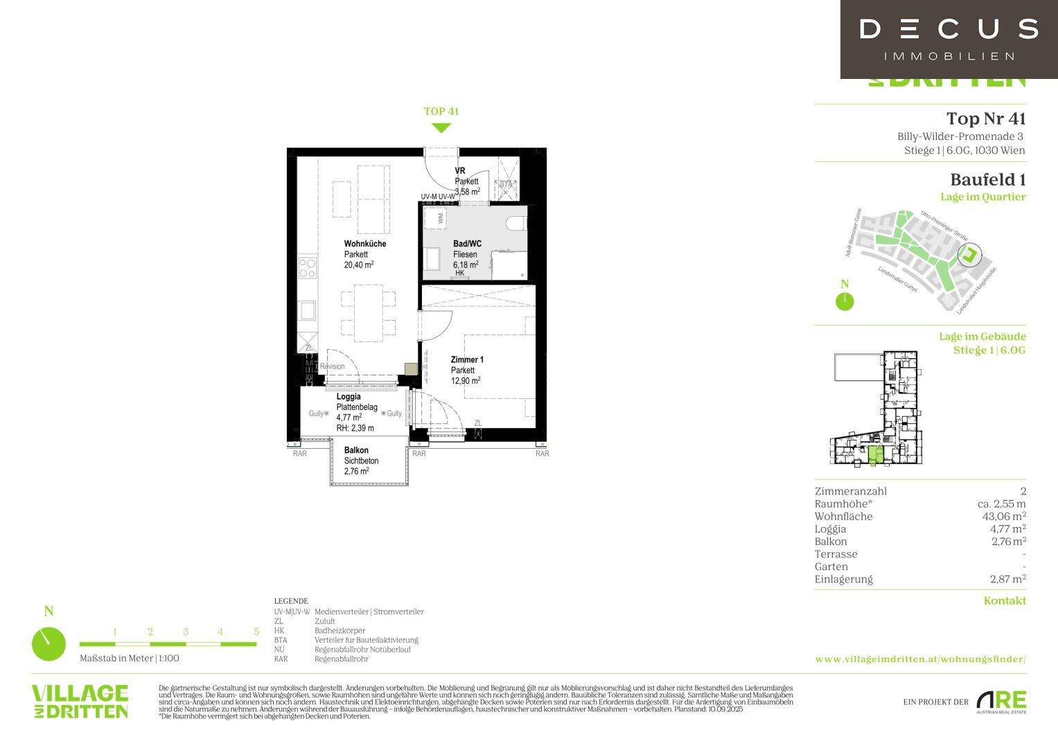 Grundriss einer Wohnung mit Wohnbereich, Schlafzimmer, Bad und Loggia.