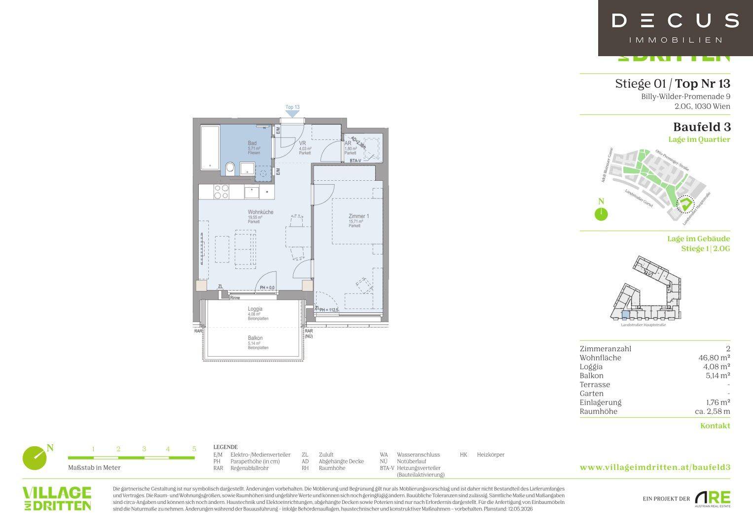 Grundriss einer Wohnung mit Loggia und Balkon, inklusive Bad und separatem Zimmer.